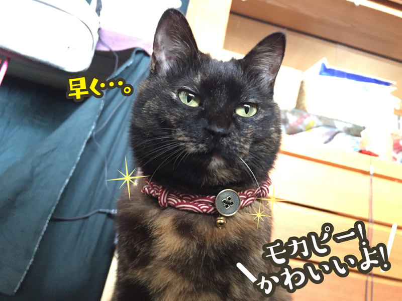 サイズ調節可能・安全バックル付き★ちりめん丸紐風ボタン付き猫の首輪【定形外送料無料】M-0007和柄_青海波文様_赤